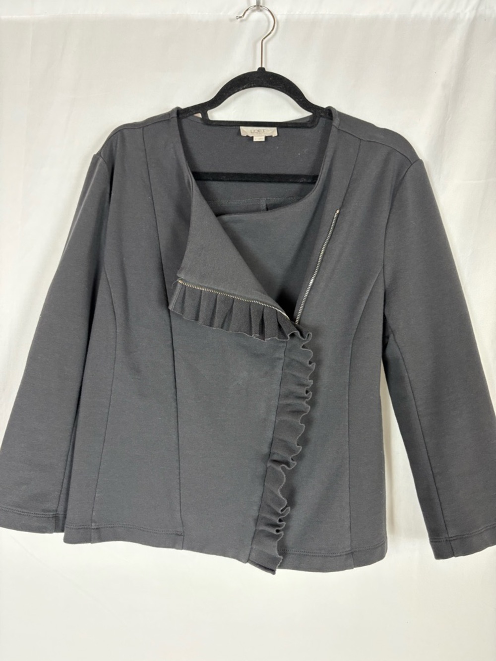 LOFT Charcoal Gray Ruffle Zip-Front Blazer - Picture 3 of 7